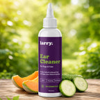 Close up of Larry ear cleaner solution for pets label