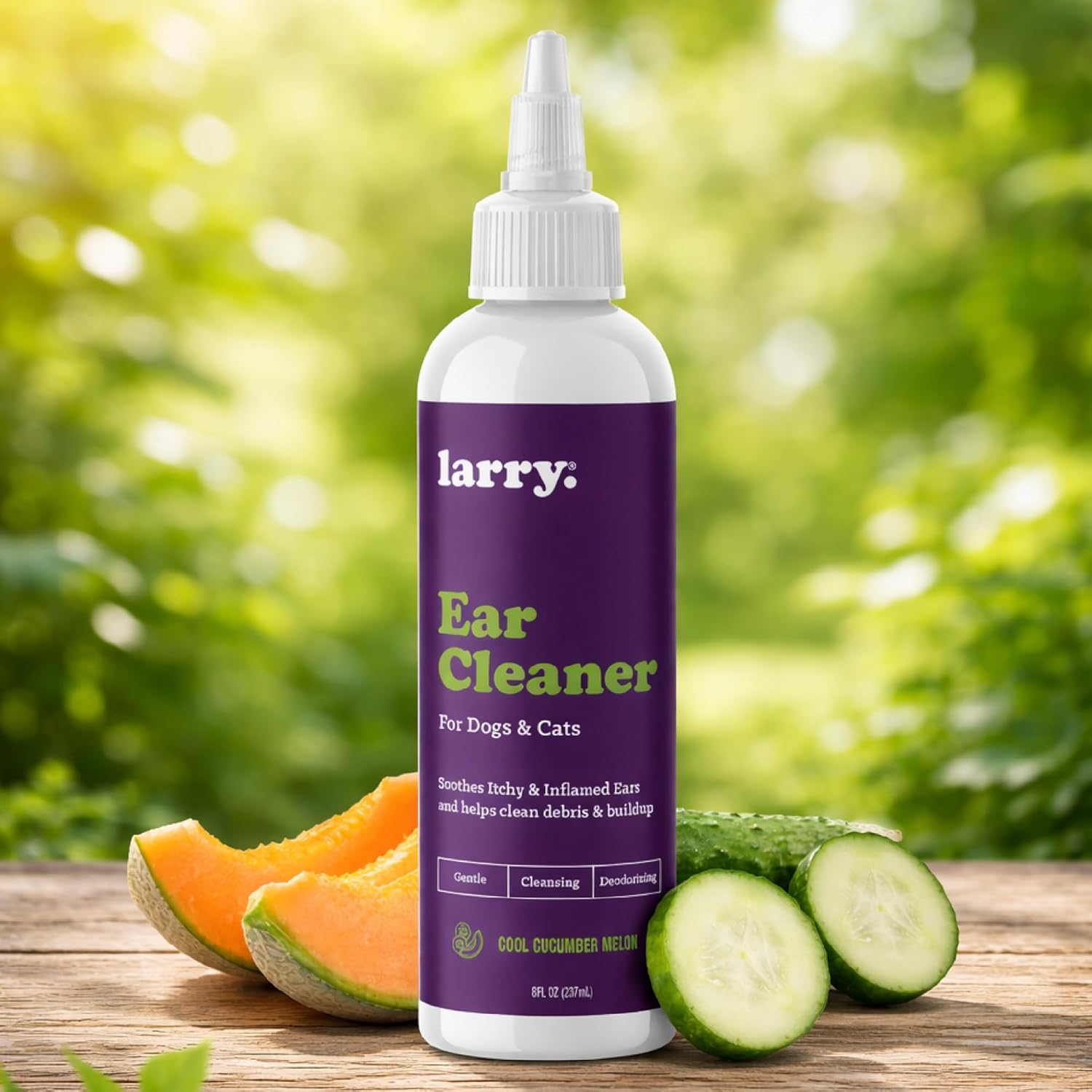 Close up of Larry ear cleaner solution for pets label