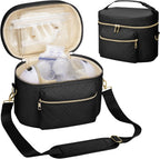 GDNasist wearable breast pump bag quilted black front view showing gold zippers.