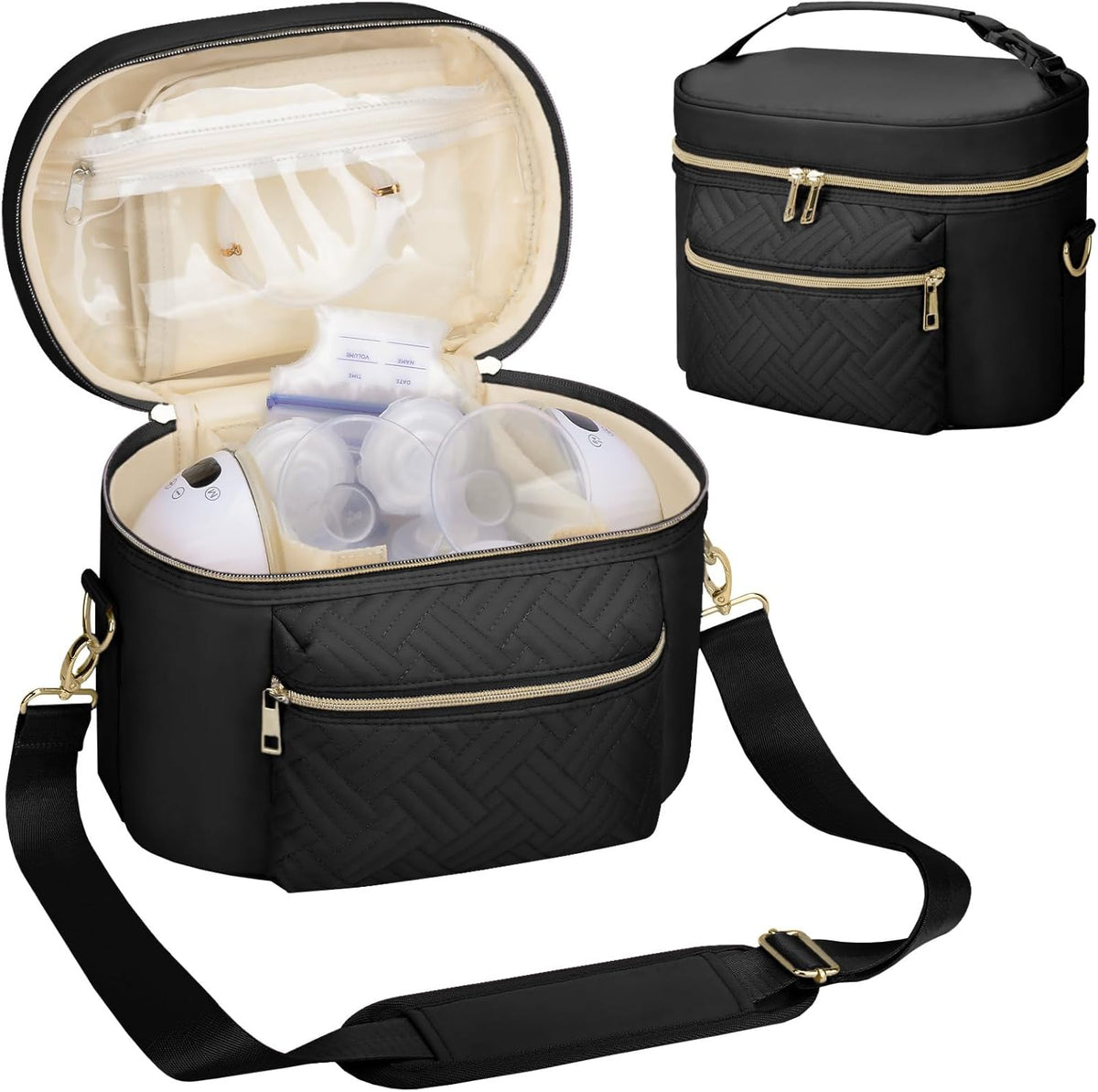 GDNasist wearable breast pump bag quilted black front view showing gold zippers.