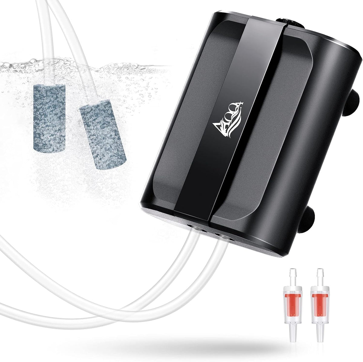 Aqqa aquarium air pump front view showing dual outlets