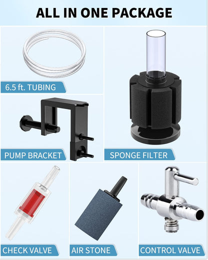 Complete aquarium aeration kit box contents including air control valve