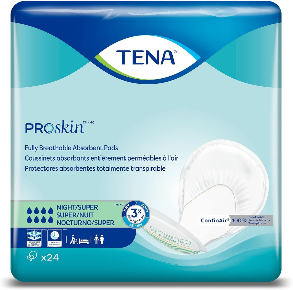 TENA ProSkin Night Super Absorbent Pads front packaging view heavy overnight protection.