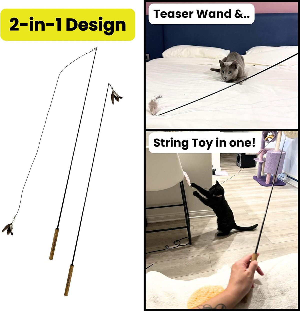 Repounce durable cat fishing pole toy showing the integrated metal tip swivel mechanism for tangle free play.