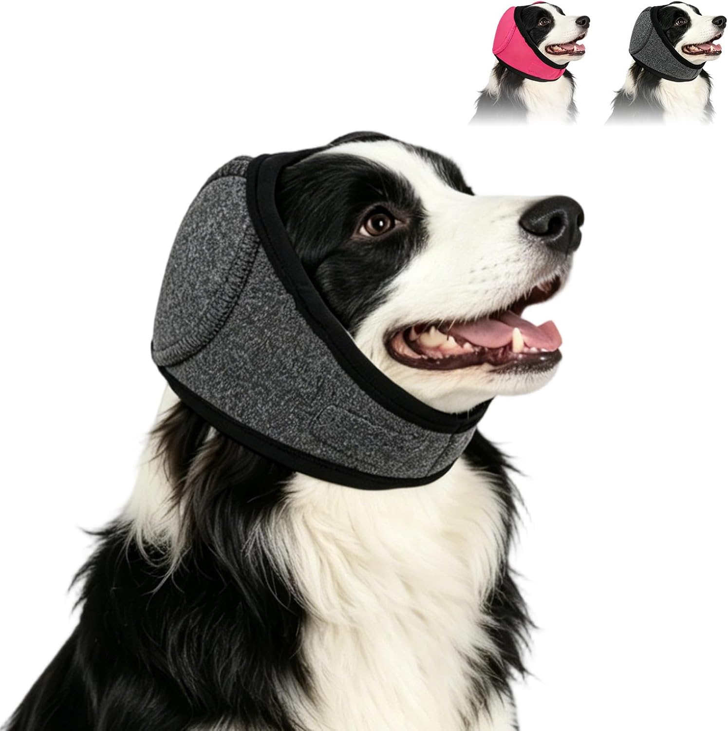 Yetary noise cancelling dog ear wrap front view on a pet for anxiety relief.