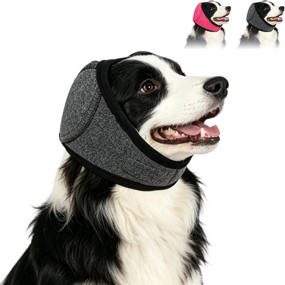 Yetary noise cancelling dog ear wrap front view on a pet for anxiety relief.
