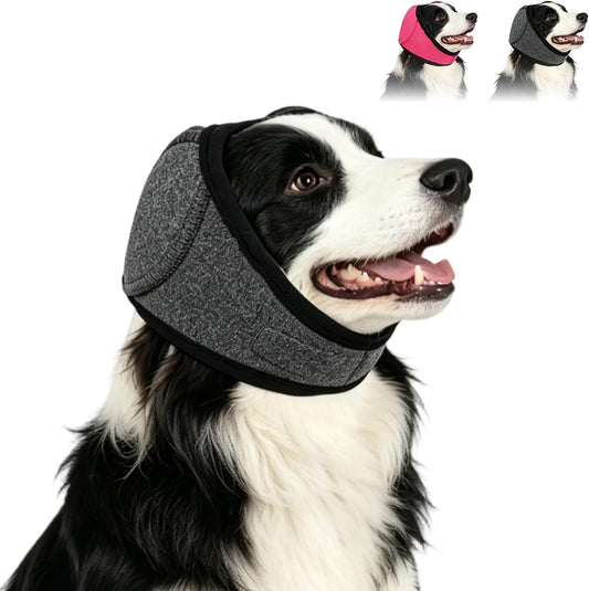 Yetary noise cancelling dog ear wrap front view on a pet for anxiety relief.