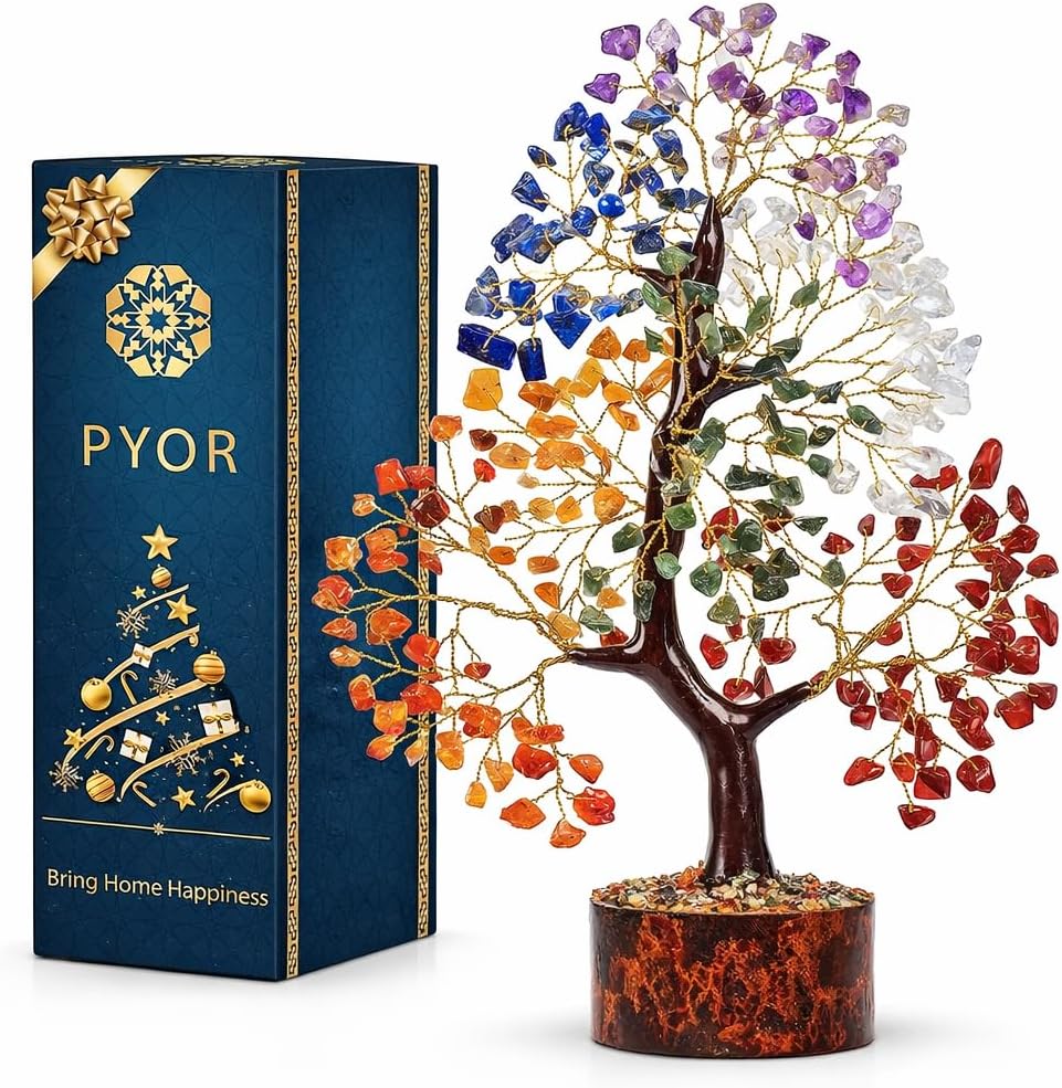 PYOR 7 Chakra Tree of Life front view showing multicolor gemstone chips and wooden base.
