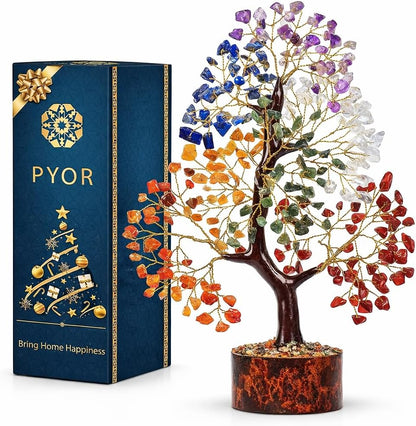 PYOR 7 Chakra Tree of Life front view showing multicolor gemstone chips and wooden base.