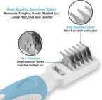 Pets First pet dematting tool removing stubborn knots and tangles from a long haired dog coat