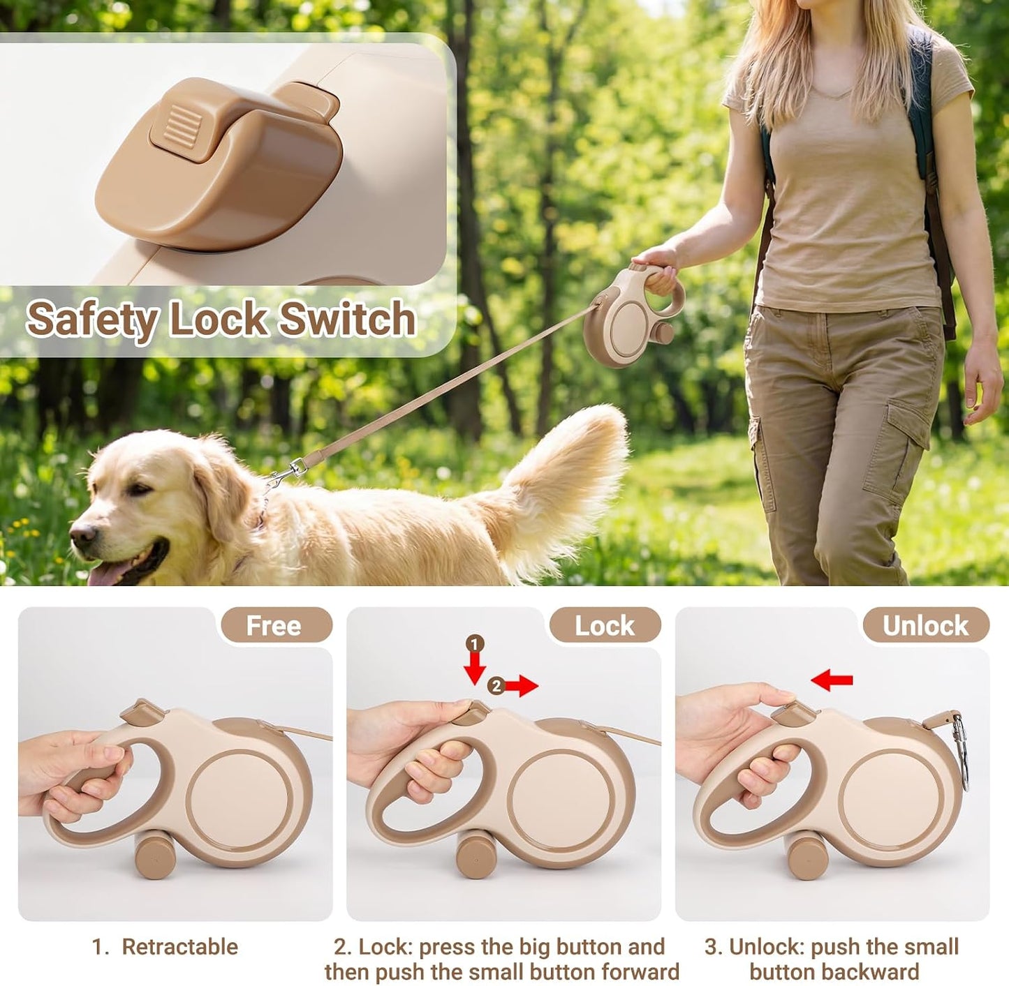 Demonstration of one-handed brake button on retractable leash