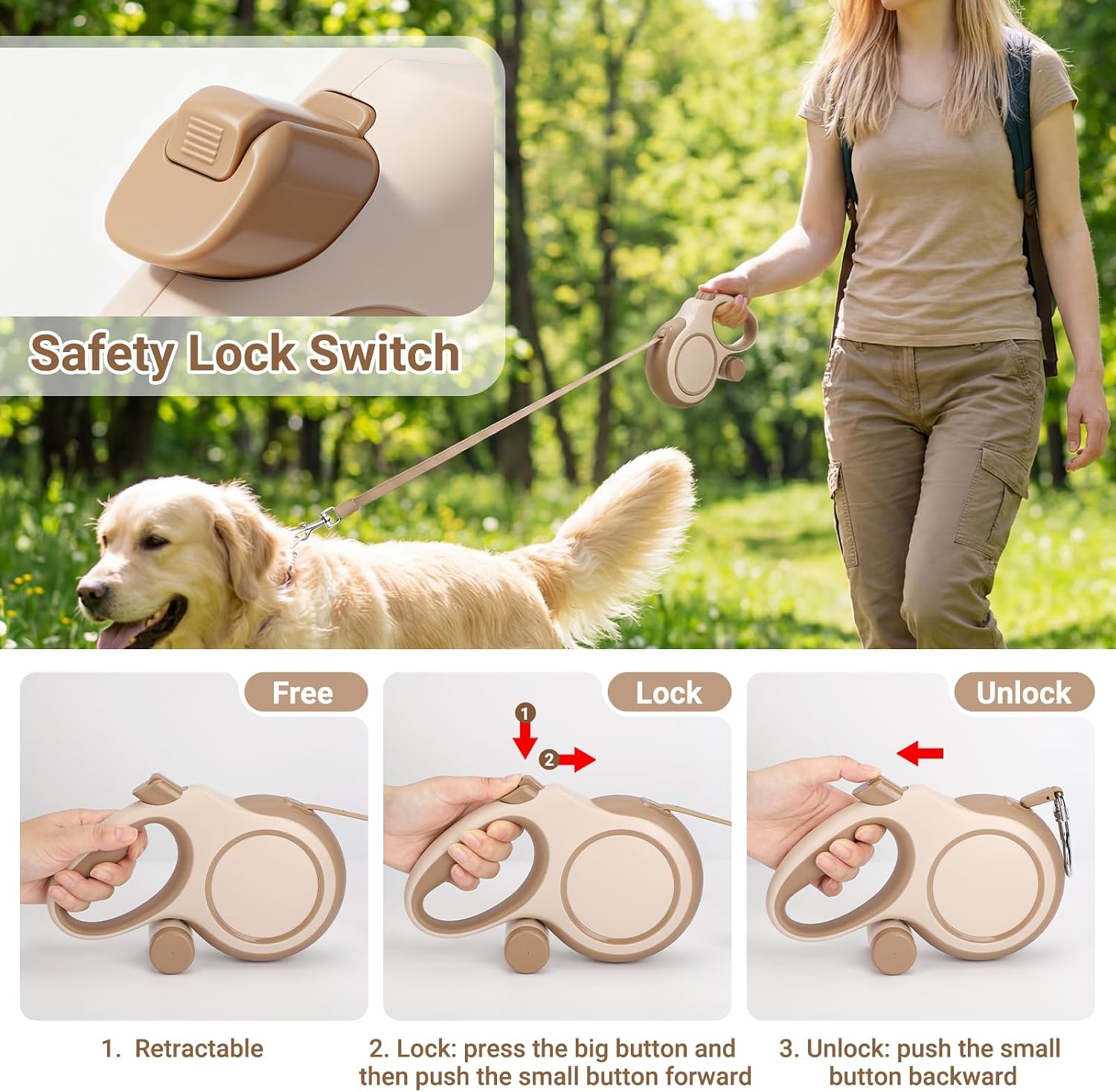 Demonstration of one-handed brake button on retractable leash