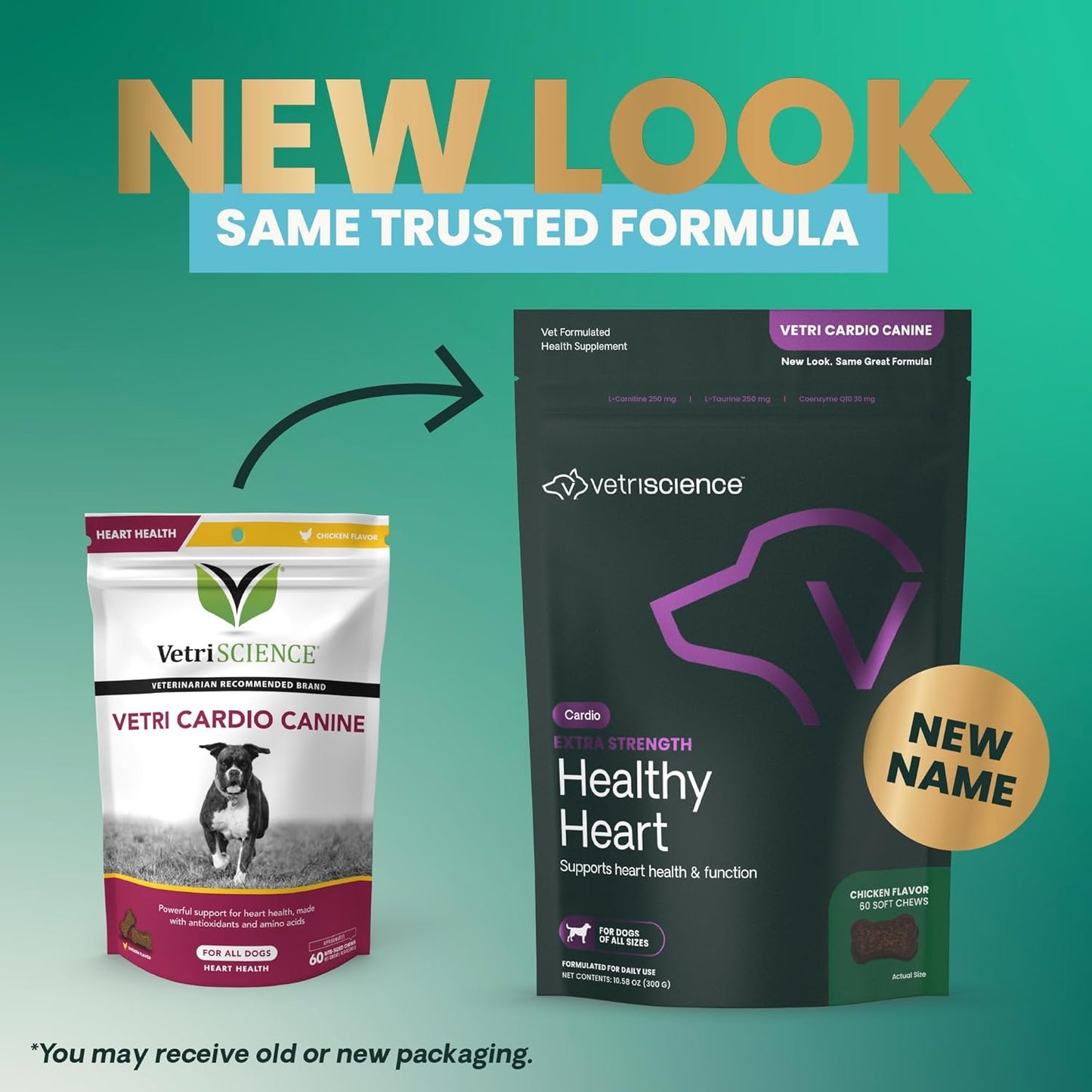 VetriScience dog heart supplement bag showing 60 count label