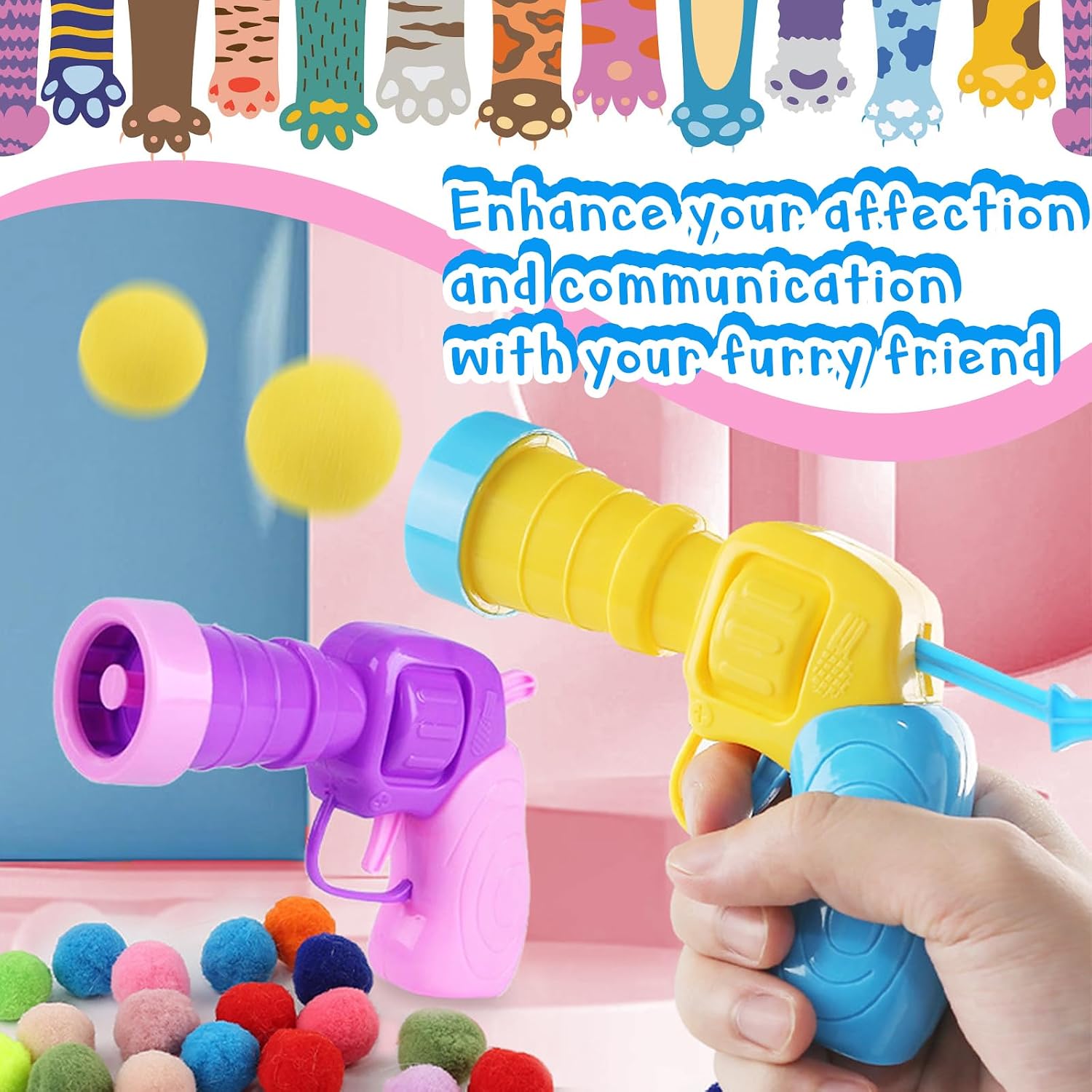 Close up of colorful plush pom pom balls for cats