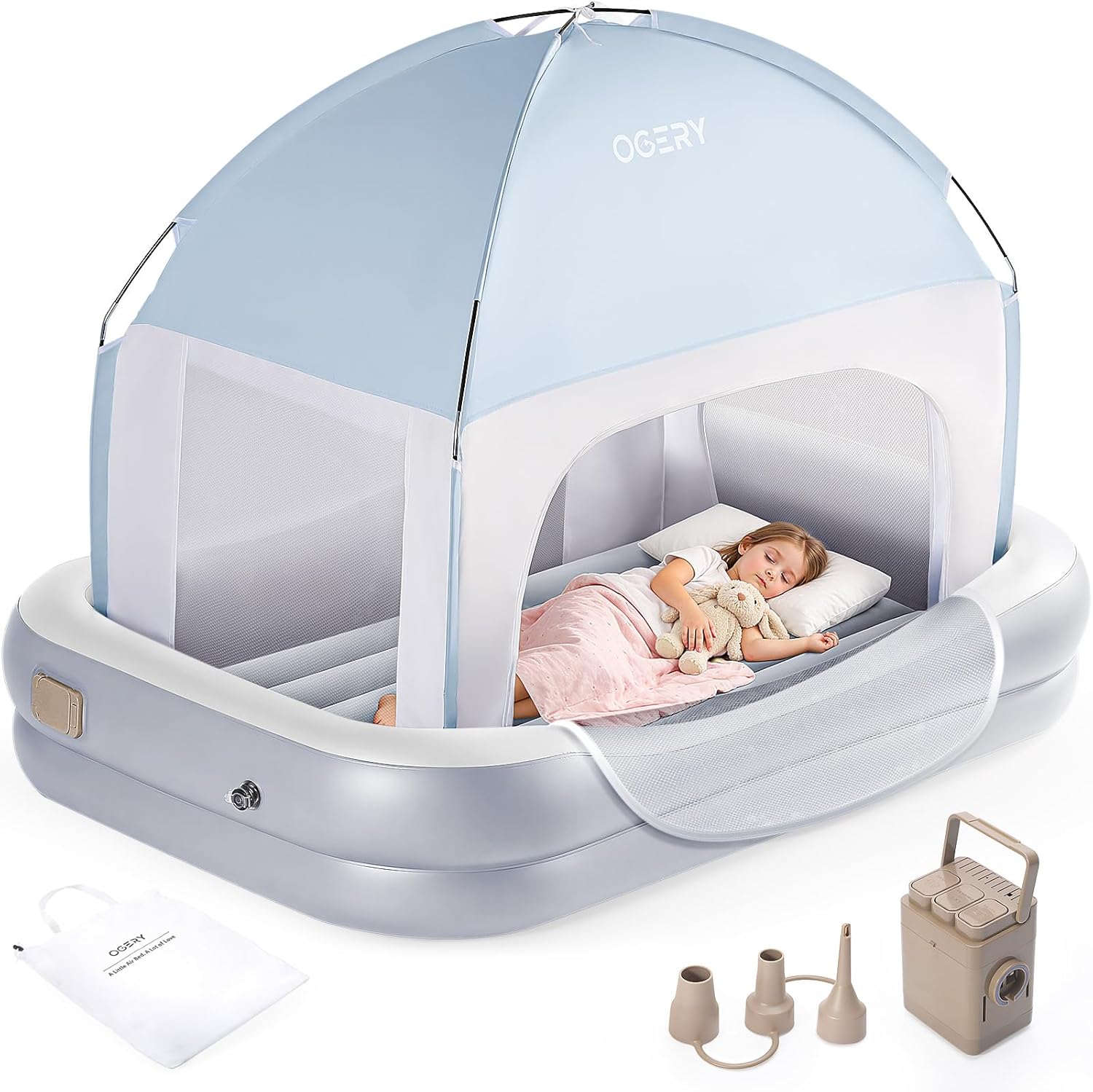 OGERY inflatable toddler travel bed front view showing the light grey mattress and attached blue canopy tent