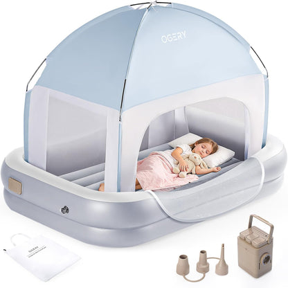 OGERY inflatable toddler travel bed front view showing the light grey mattress and attached blue canopy tent