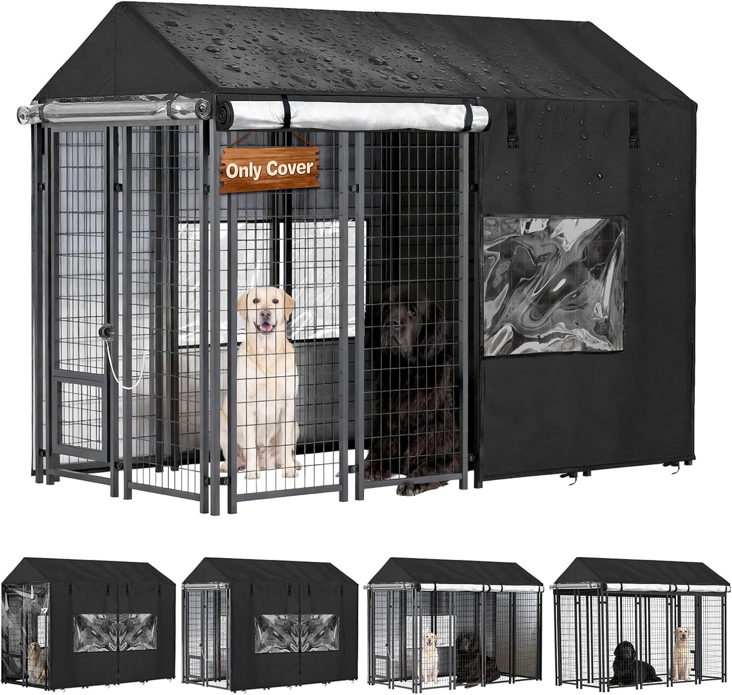 Bhyhok outdoor dog kennel cover black full coverage front view
