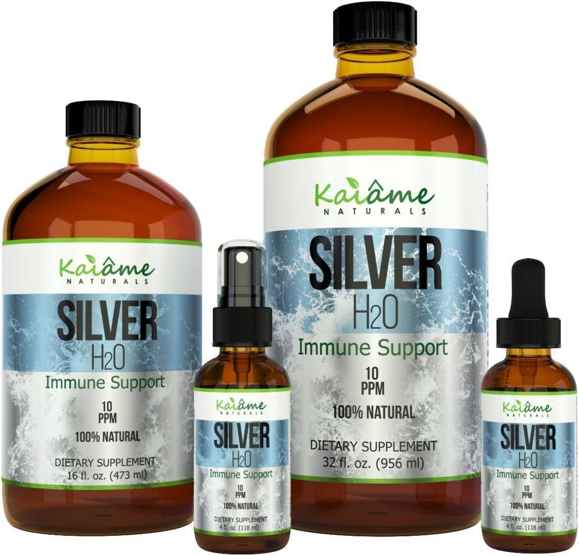 Naturally Sourced Kaiame Naturals Colloidal Silver 16 fluid ounce front view glass bottle showing 10 PPM label.