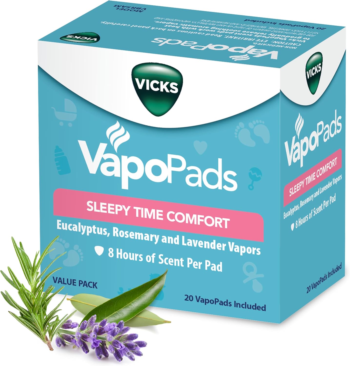 Vicks VapoPads Sleepy Time Comfort 20 pack retail box front view showing lavender and eucalyptus ingredients.