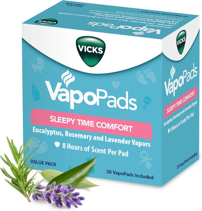 Vicks VapoPads Sleepy Time Comfort 20 pack retail box front view showing lavender and eucalyptus ingredients.