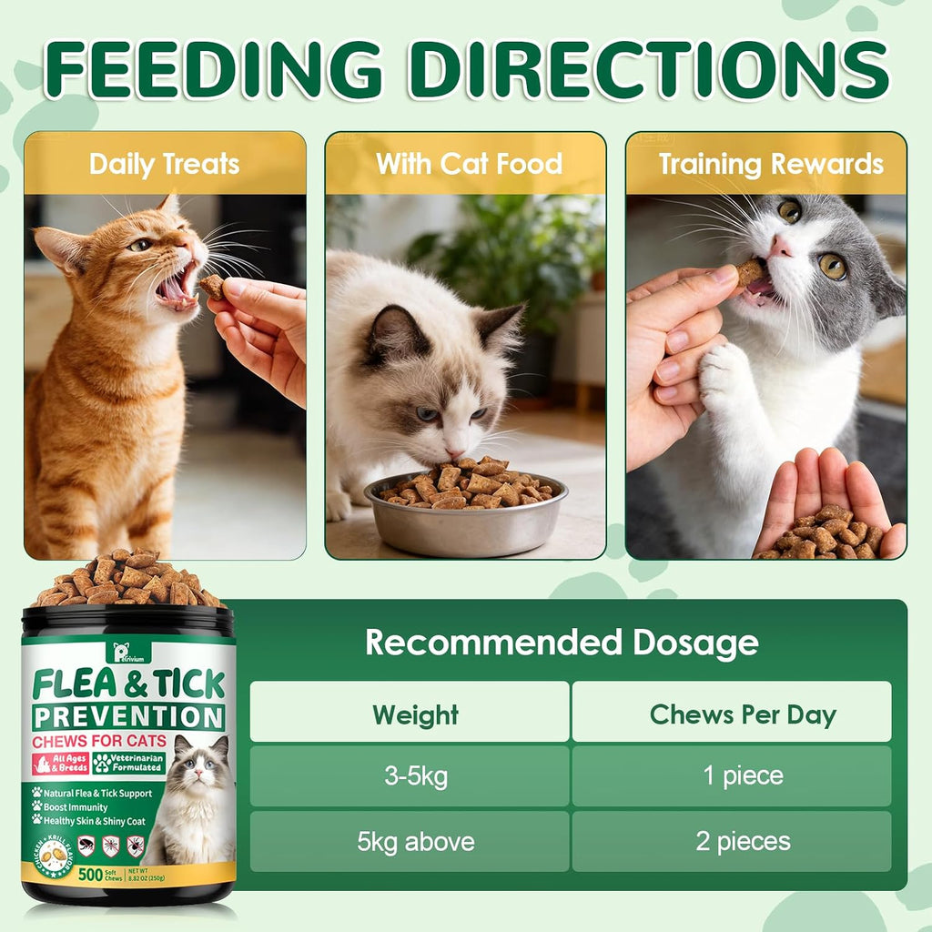 Authentic oral cat flea remedy packaging showing daily feeding directions