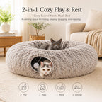 Brown collapsible plush three way cat play tube tunnel with central mat