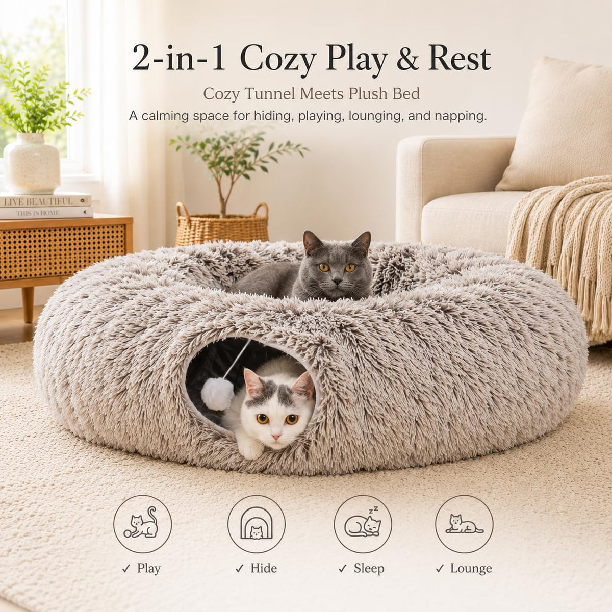 Brown collapsible plush three way cat play tube tunnel with central mat