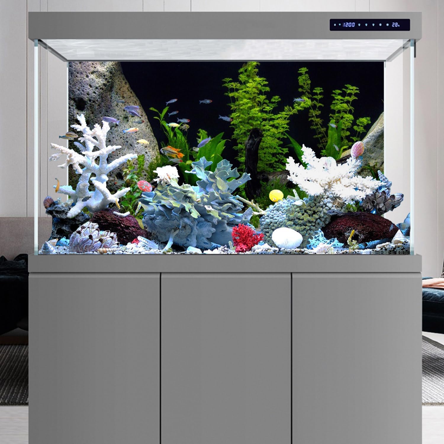 Imported premium aquarium background packaging display showing the durable reusable vinyl material layout.