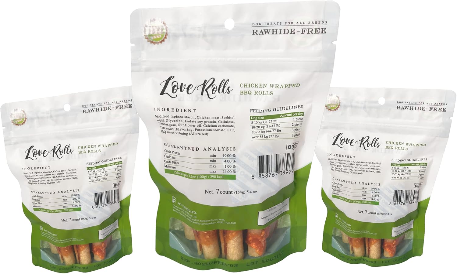 Rawhide free chicken wrapped dog chews with barbeque flavor core