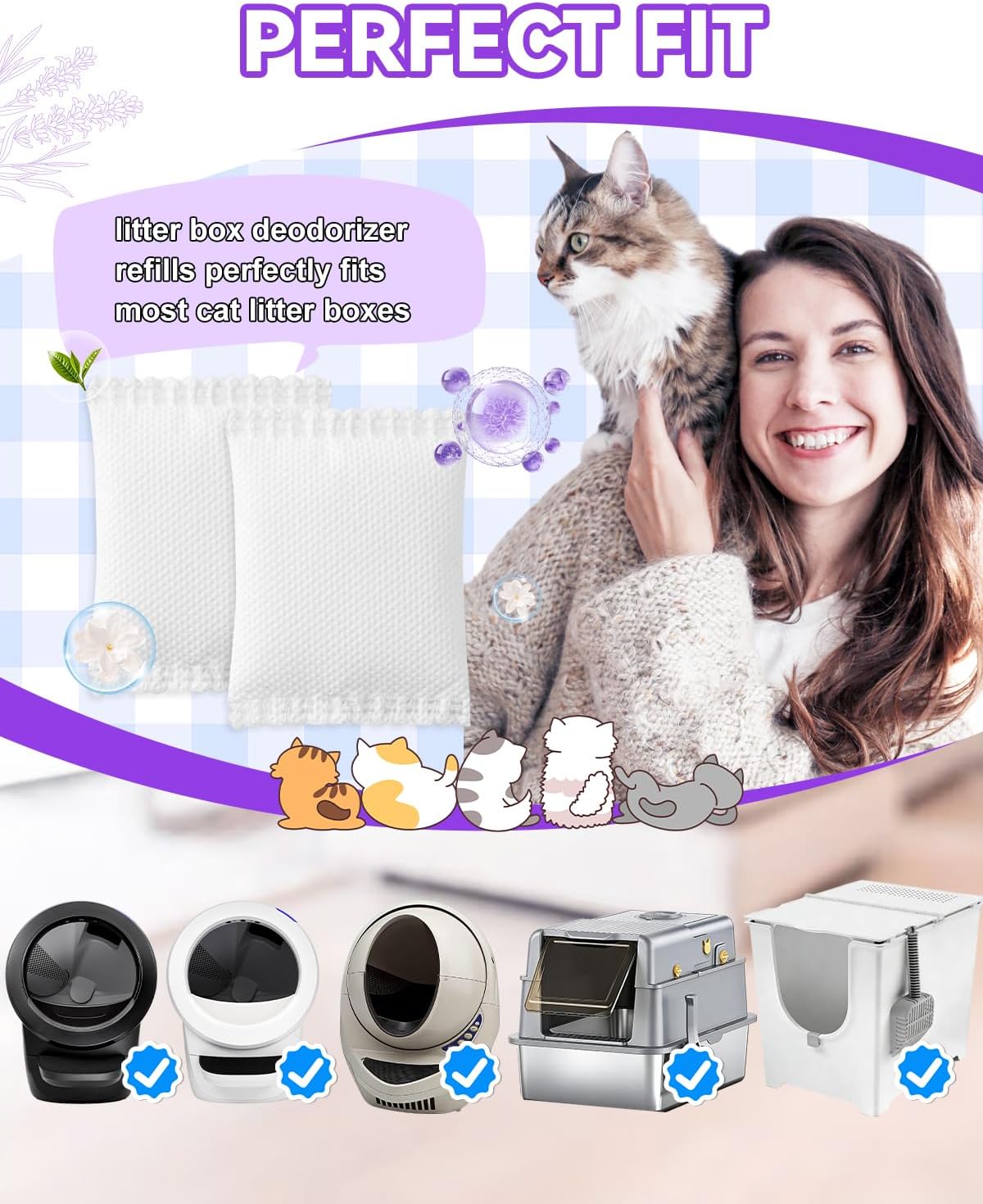 Twelve pack lavender scented cat deodorizer pods displayed together.