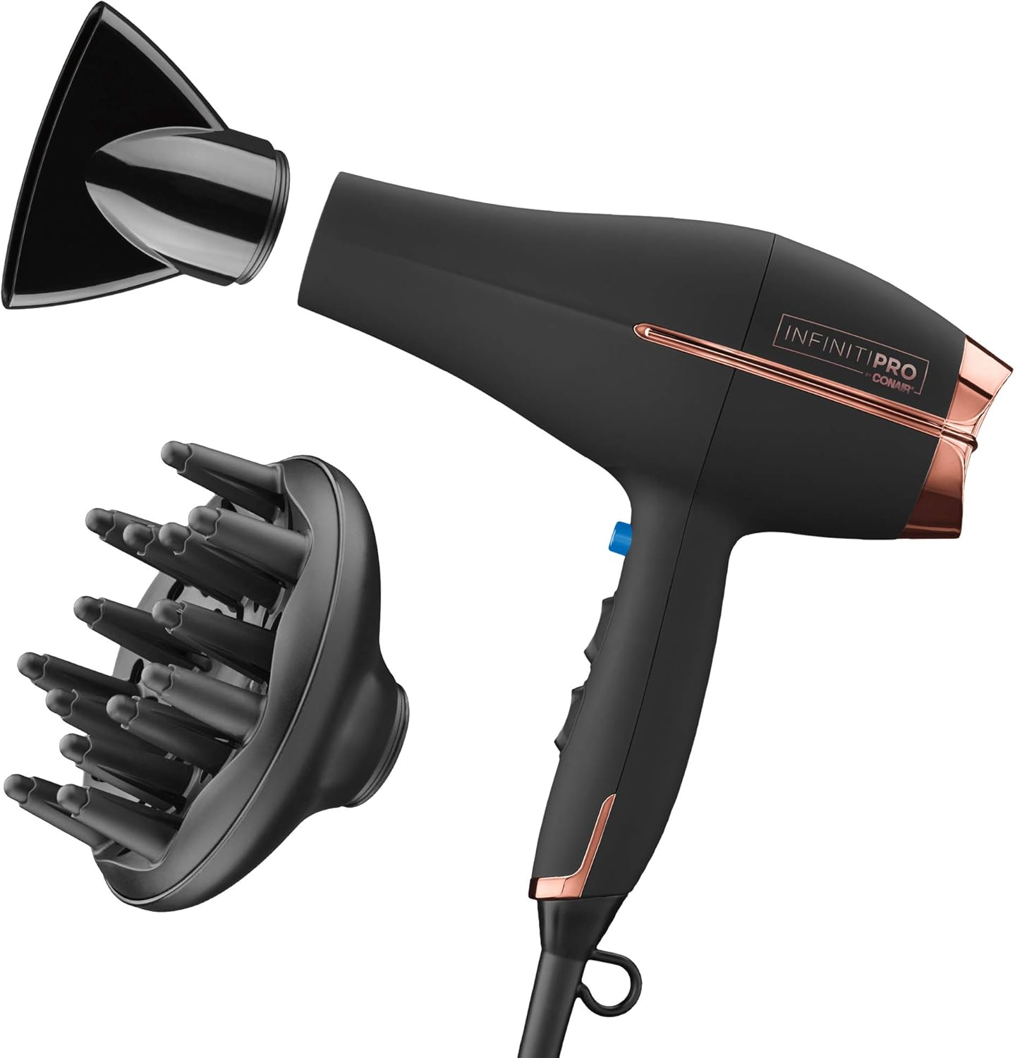 Conair InfinitiPRO 1875W hair dryer front view showing matte black finish and rose gold accents