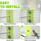 BrightArk parakeet warmer side installation illustration inside a wire pet bird habitat.
