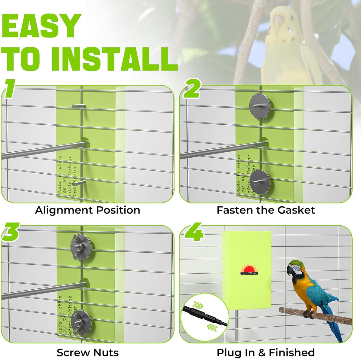 BrightArk parakeet warmer side installation illustration inside a wire pet bird habitat.