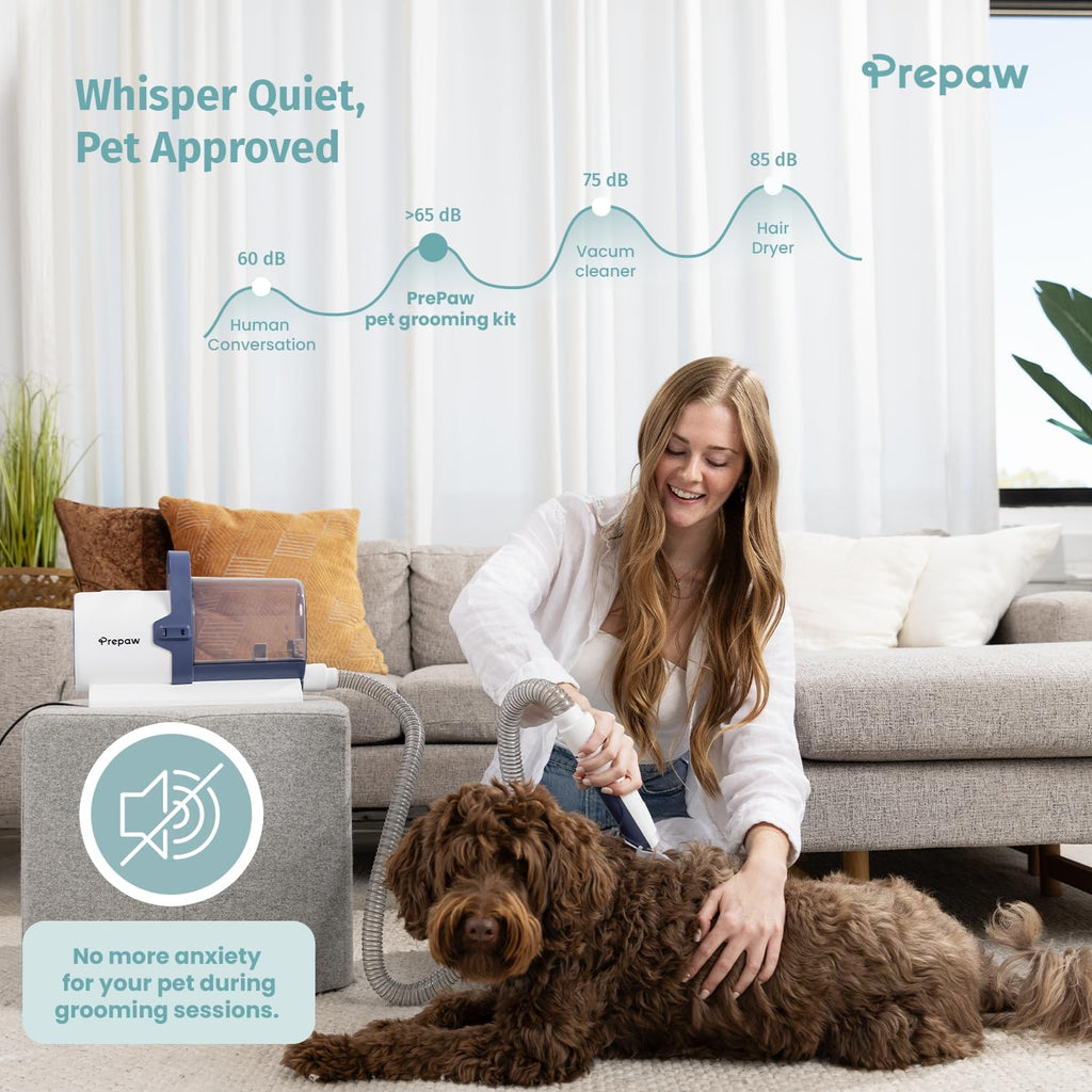 Prepaw 4-in-1 home pet grooming machine being used to deshed a dog.