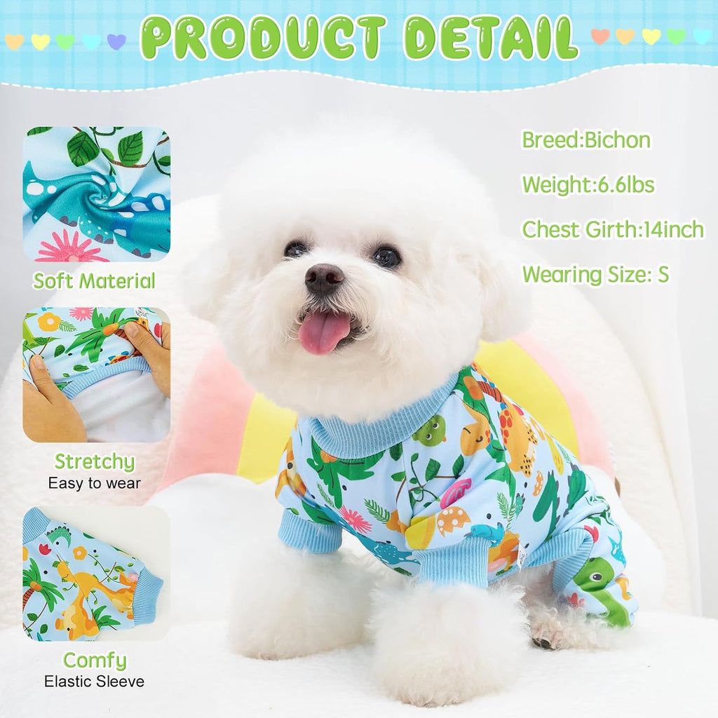 XPUDAC stretchy dog clothes displaying the collection of four different playful animal and fruit patterned jumpsuits.