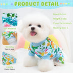 XPUDAC stretchy dog clothes displaying the collection of four different playful animal and fruit patterned jumpsuits.