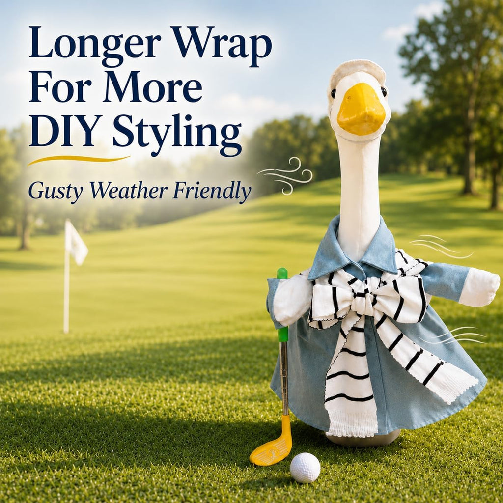 DISGIVO outdoor porch goose decoration setup showcasing weather resistant washable fabric on a twenty three inch statue.