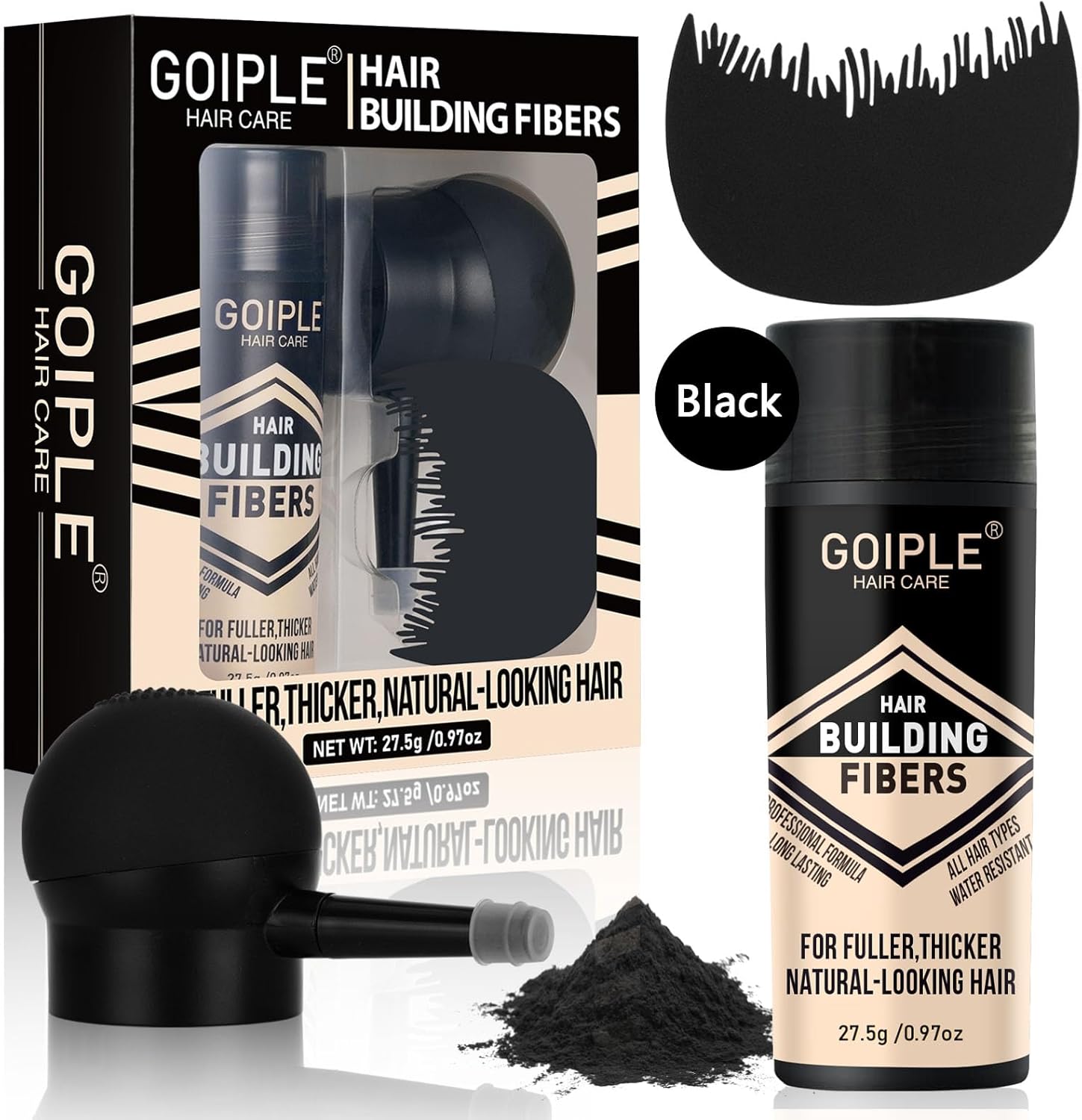 WOZUTUNT Hair Thickening Fibers and Pump Applicator Set front view showing the packaging, black fiber bottle, and spray nozzle.