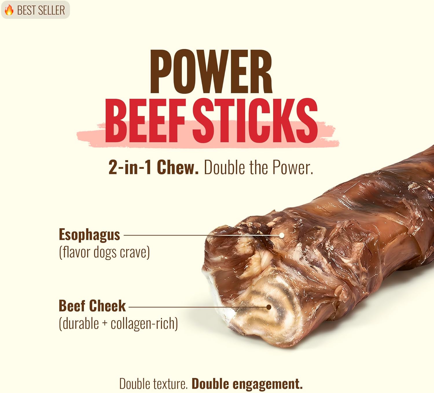Natural Farm 6 inch power chews showing the 2 in 1 beef cheek wrapped in esophagus texture