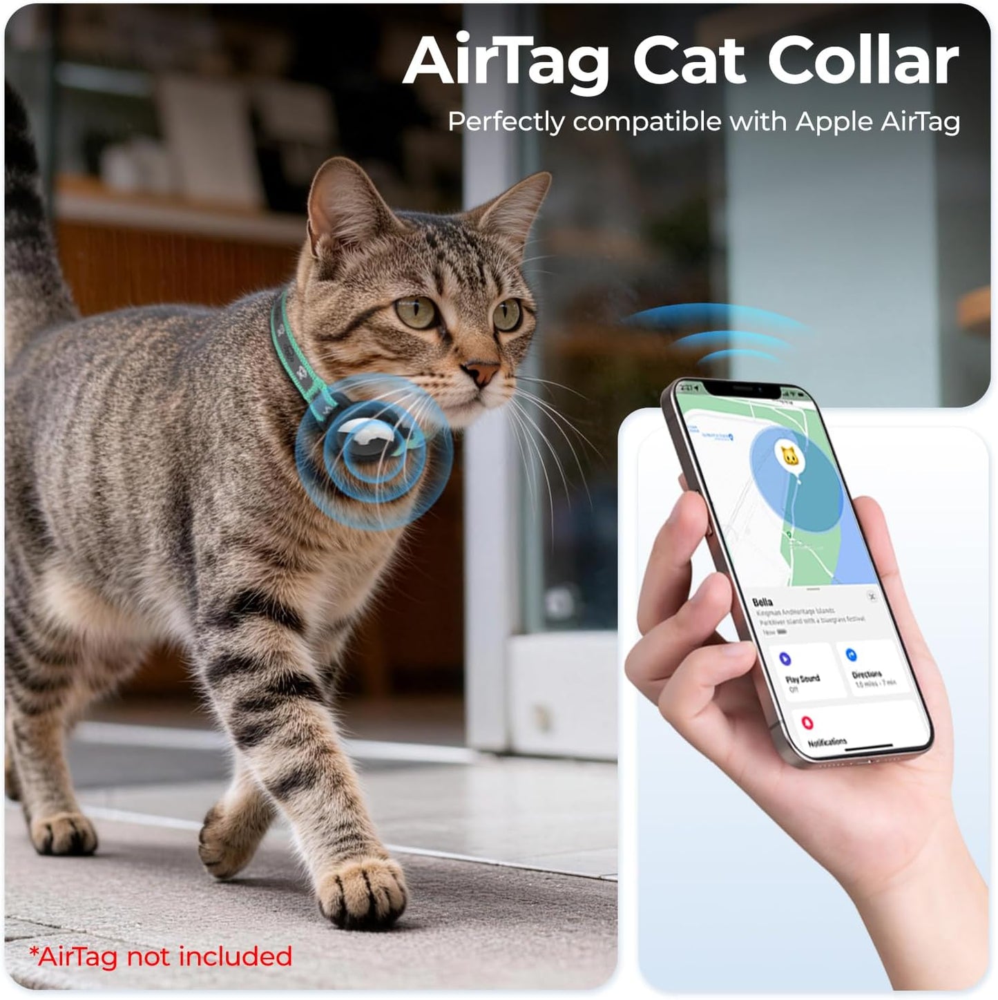 Side profile of the Odokele cat tracker collar showing the dual highly reflective safety strips