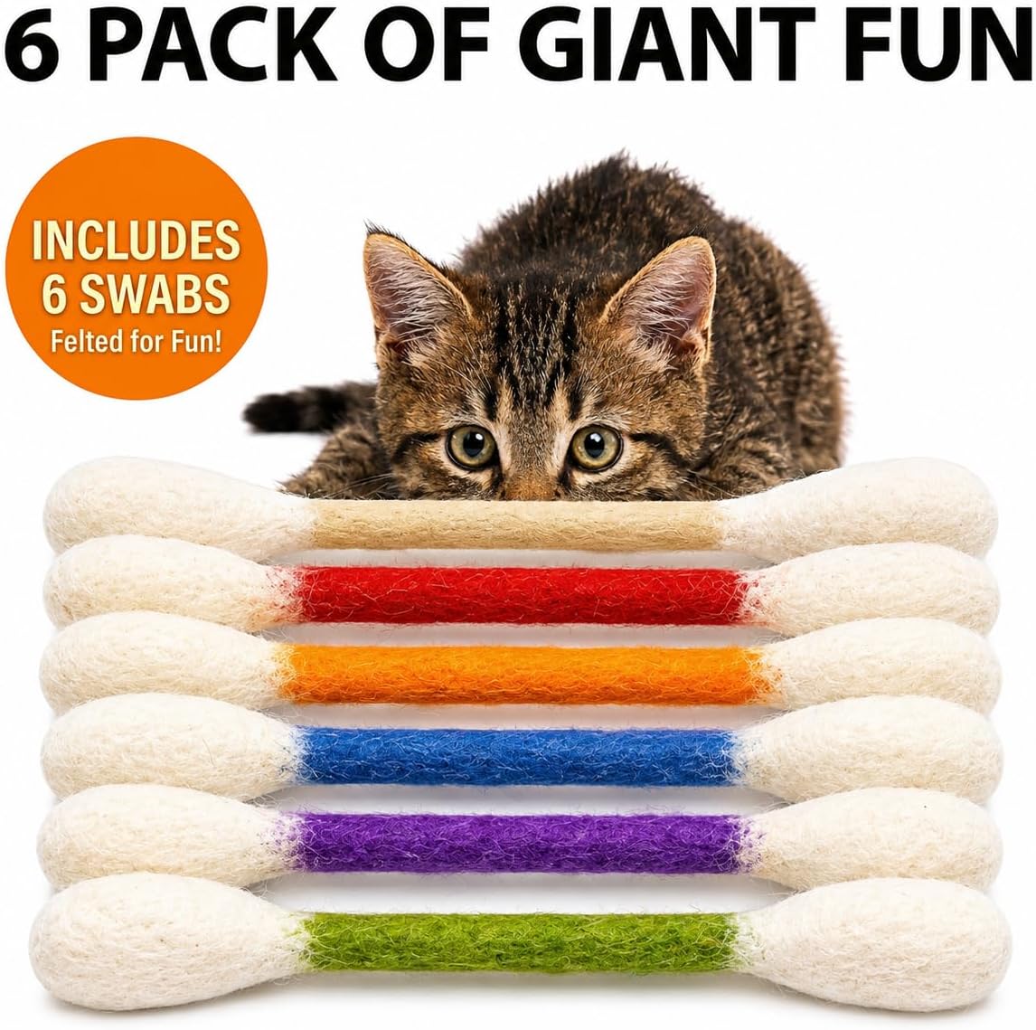Indoor cat batting at colorful felted catnip swab