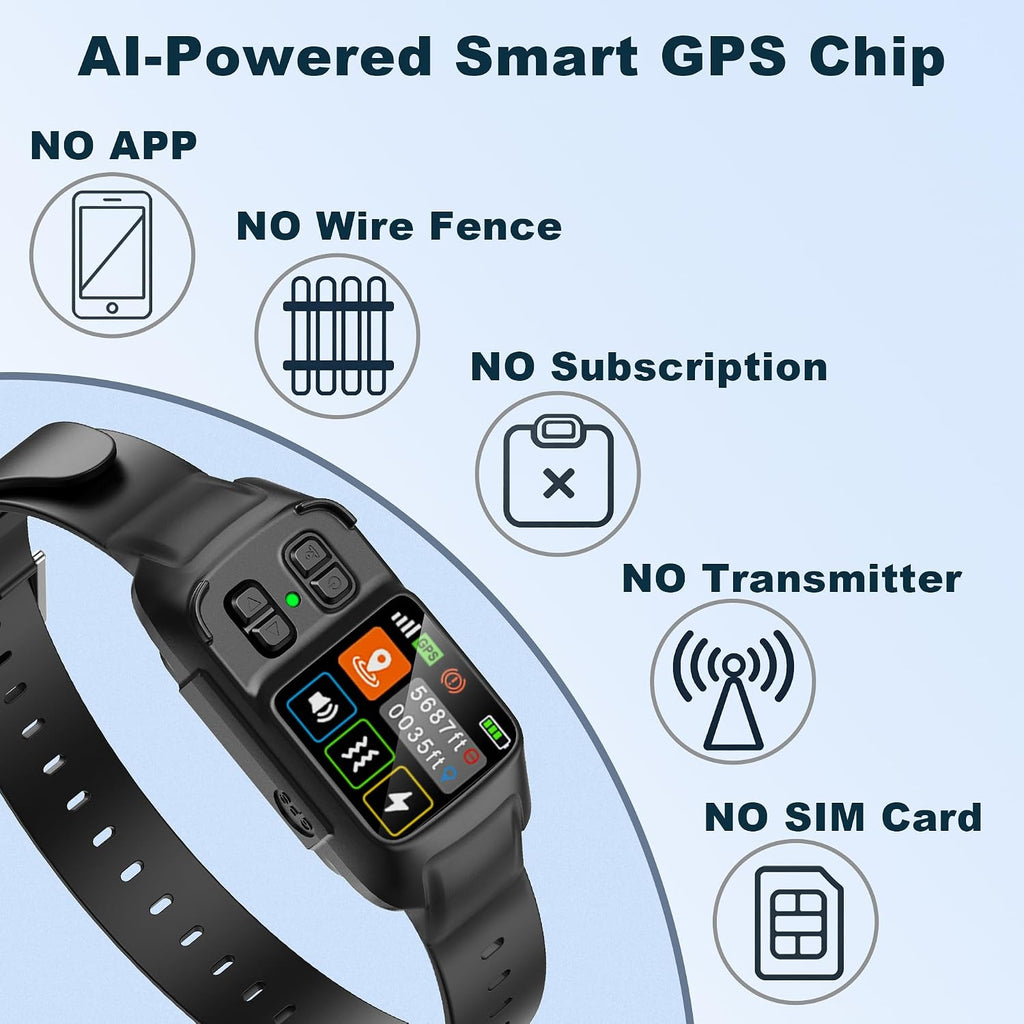 Waterproof wireless dog fence collar showing the digital display with signal strength icons.
