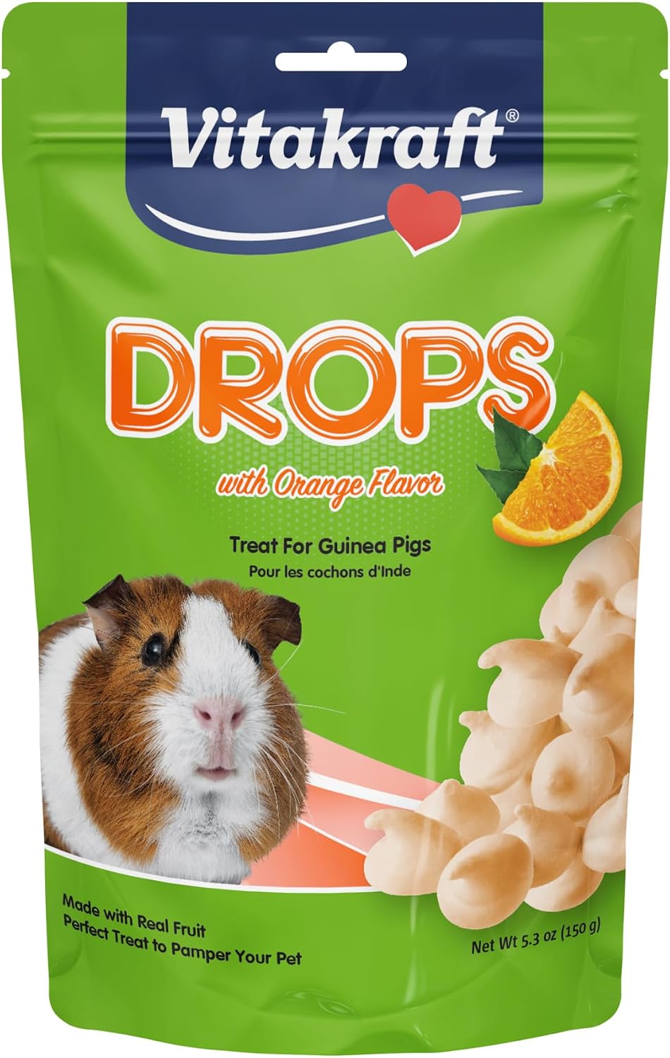 Vitakraft drops with orange flavor guinea pig treats front pouch view premium small pet snacks