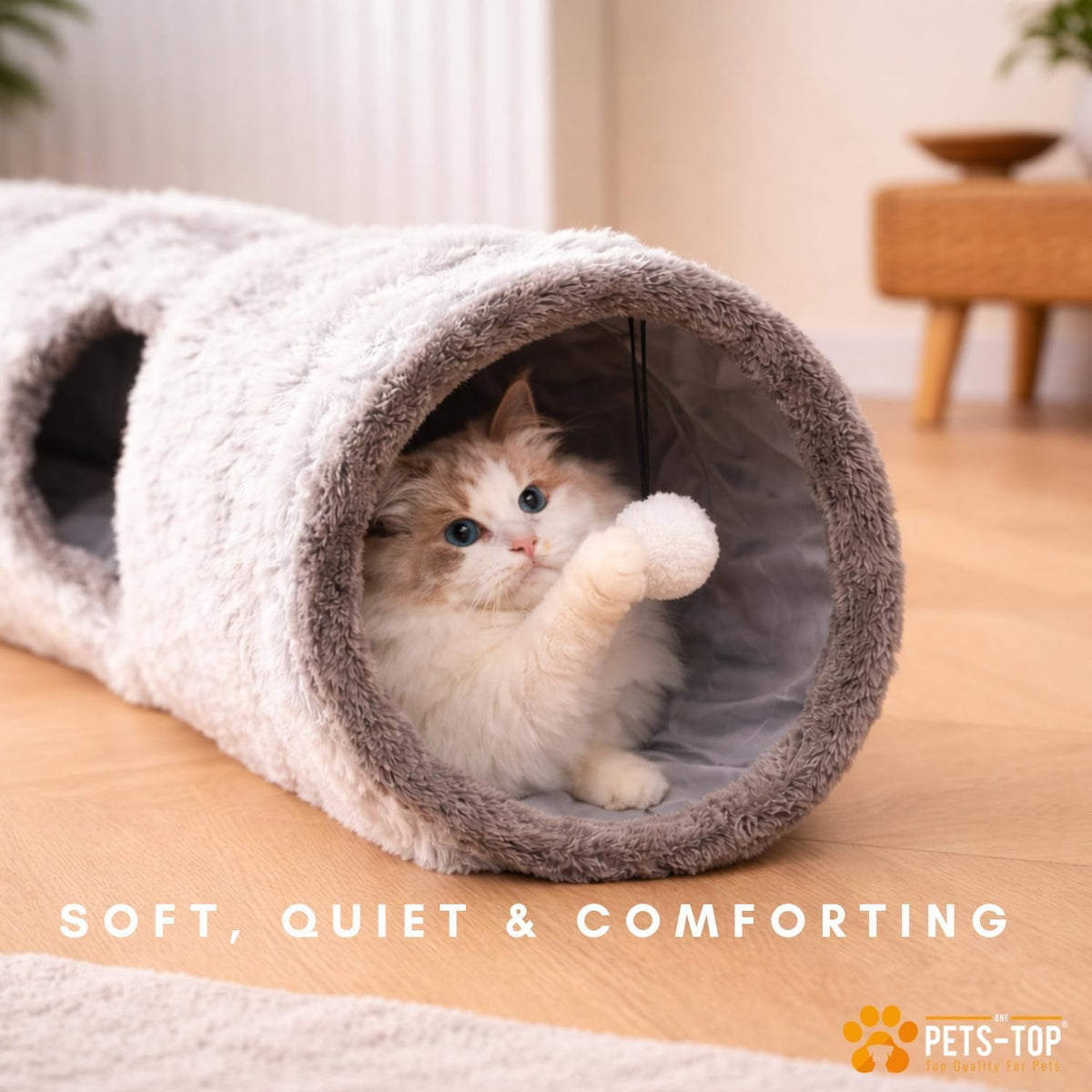 Durable indoor cat play tube with close up on safe plastic tips and arctic velvet interior lining.