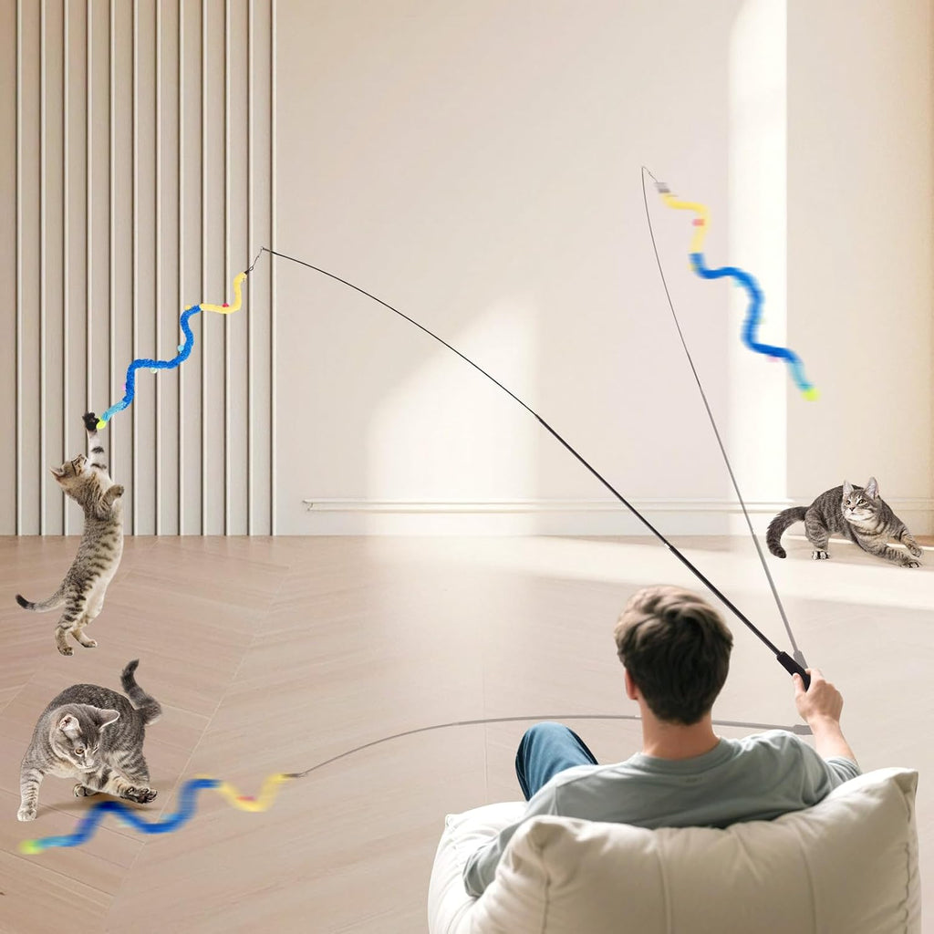 Telescopic cat fishing pole toy showing the compact collapsed storage size.
