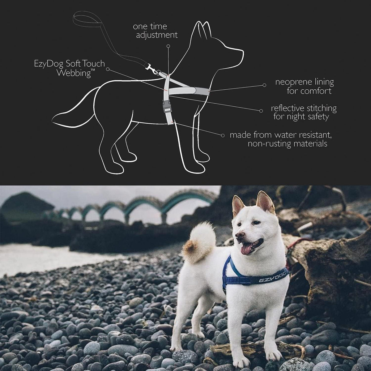 EzyDog adjustable dog harness side profile showing neoprene chest pad