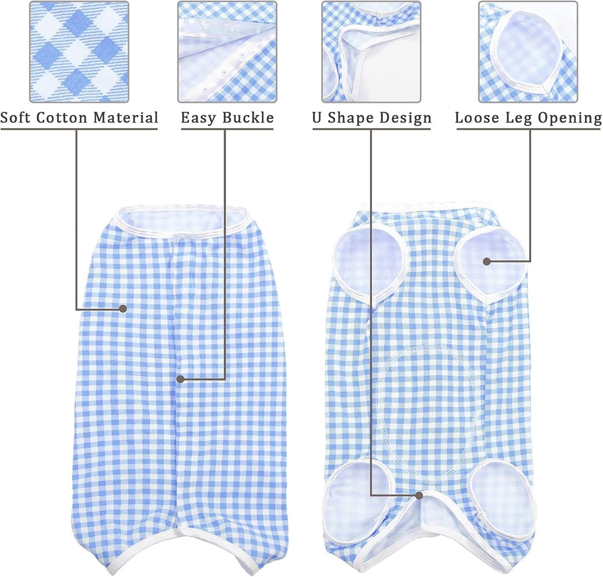 Kuoser dog surgery recovery apparel illustrating the button closure mechanism along the back.