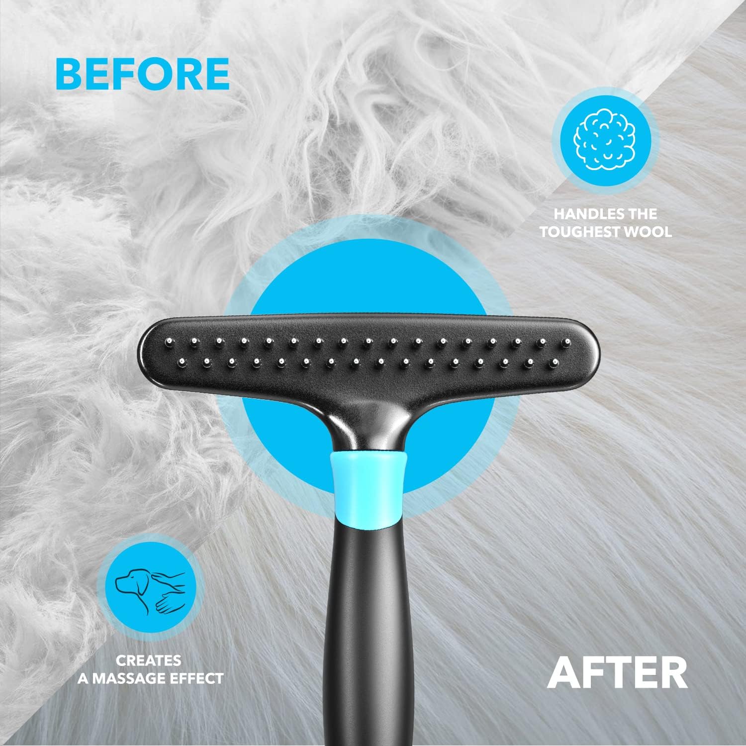 Dogi pet grooming rake packaging showing product features