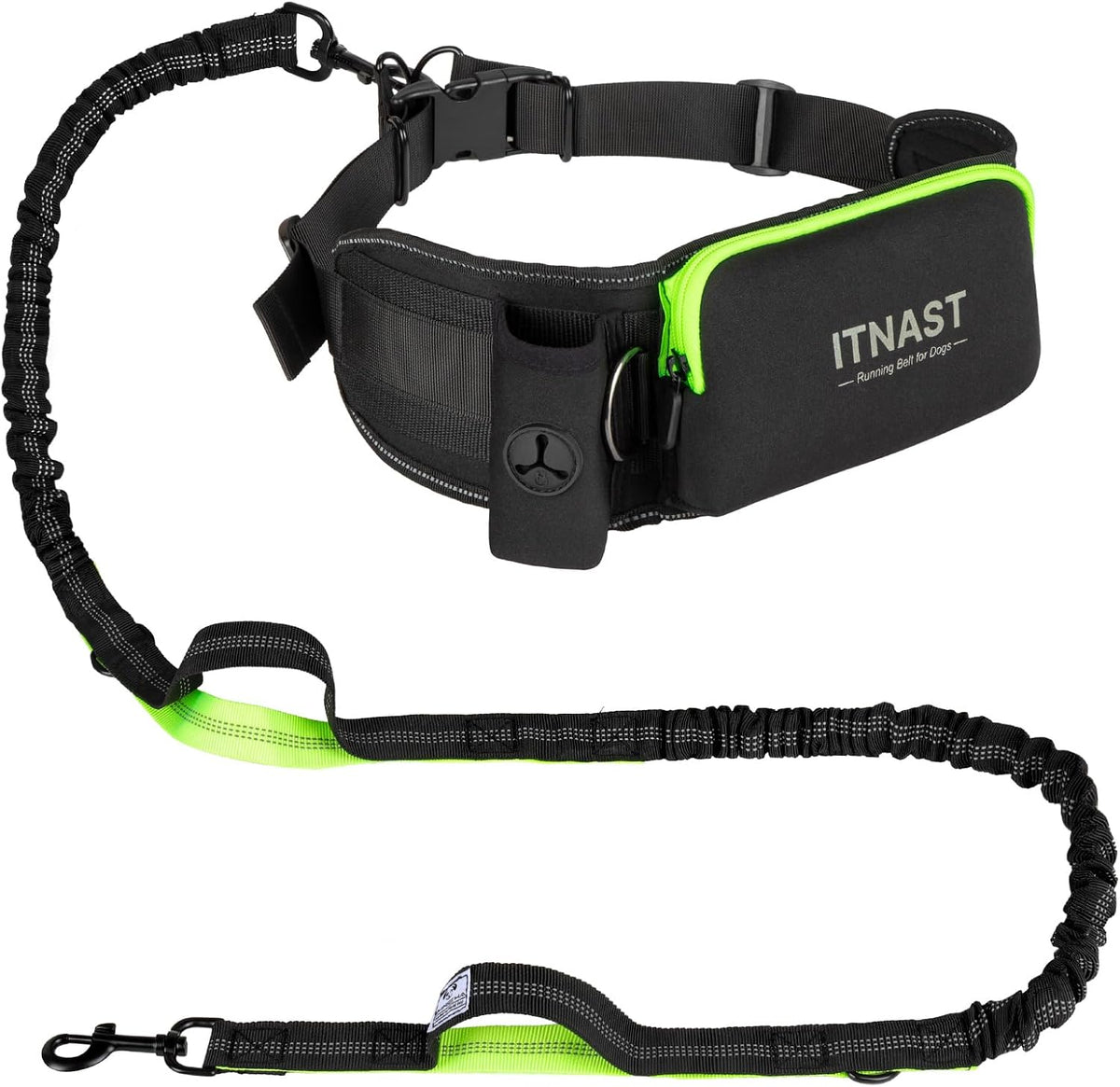 ITNAST hands free dog leash front view showing black and green bungee lead and padded waist support belt.