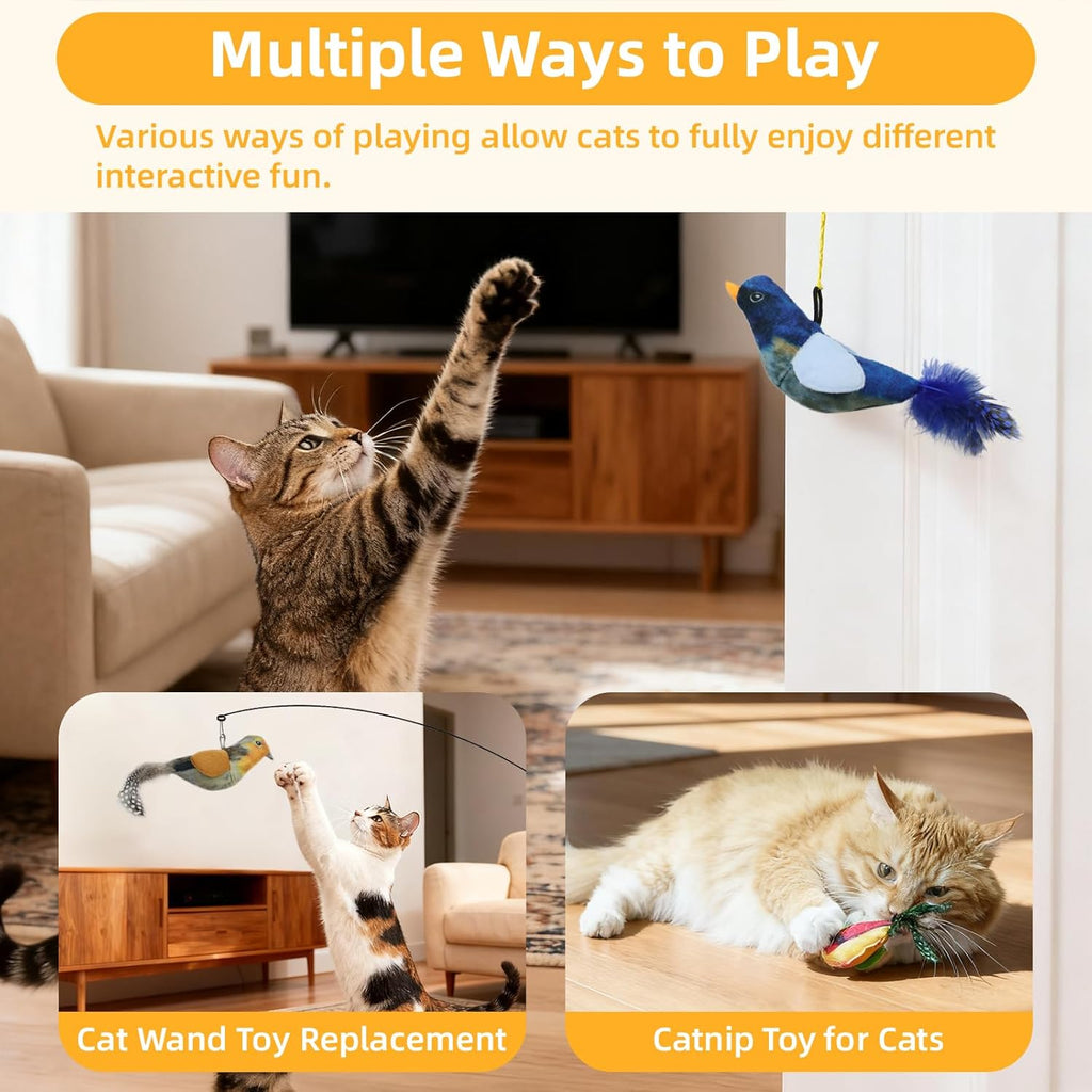 Cat swatting at the hanging bird toy demonstrating the active bouncing movement and long string